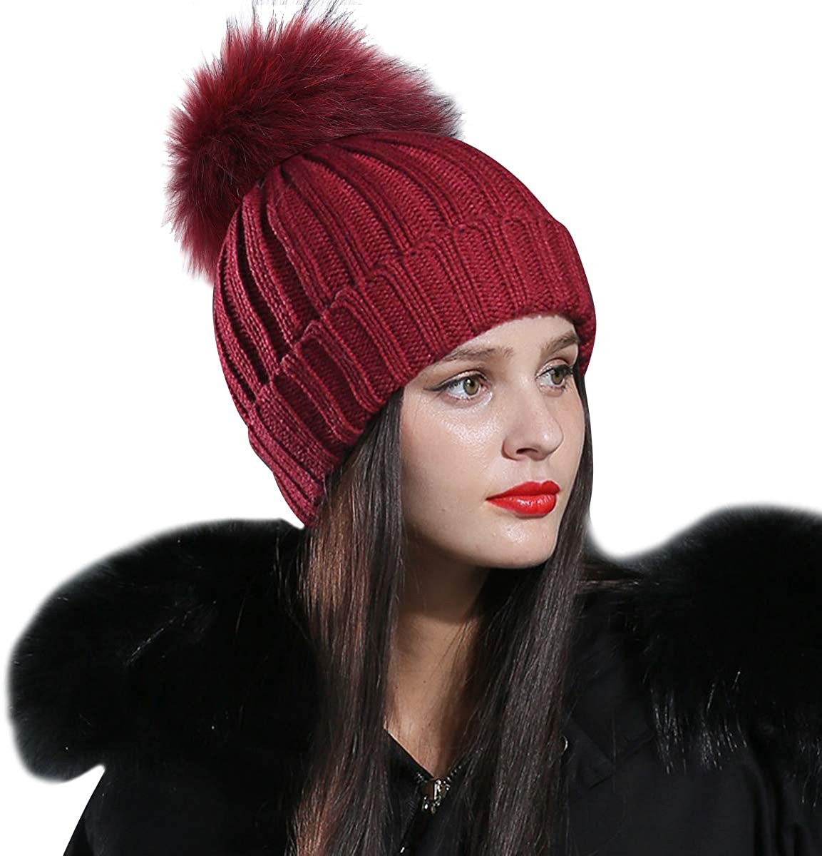 red fur pom pom hat