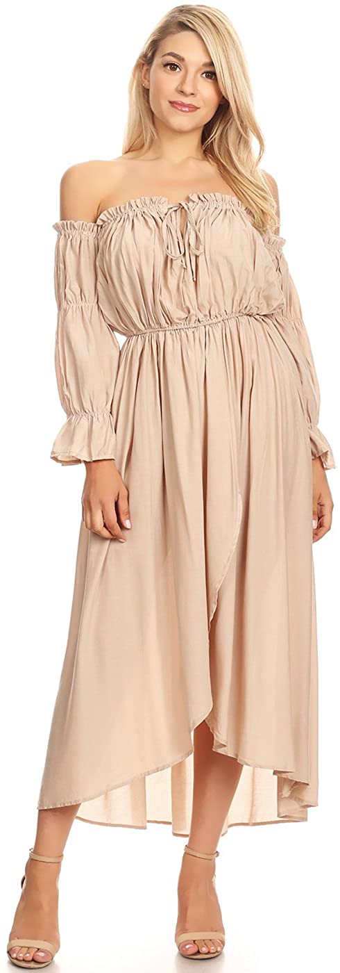 Anna Kaci Womens Casual Boho Long Sleeve Off Shoulder Renaissance Peasant Dress at Women's Clothing store – Homefurniturelife Online Store