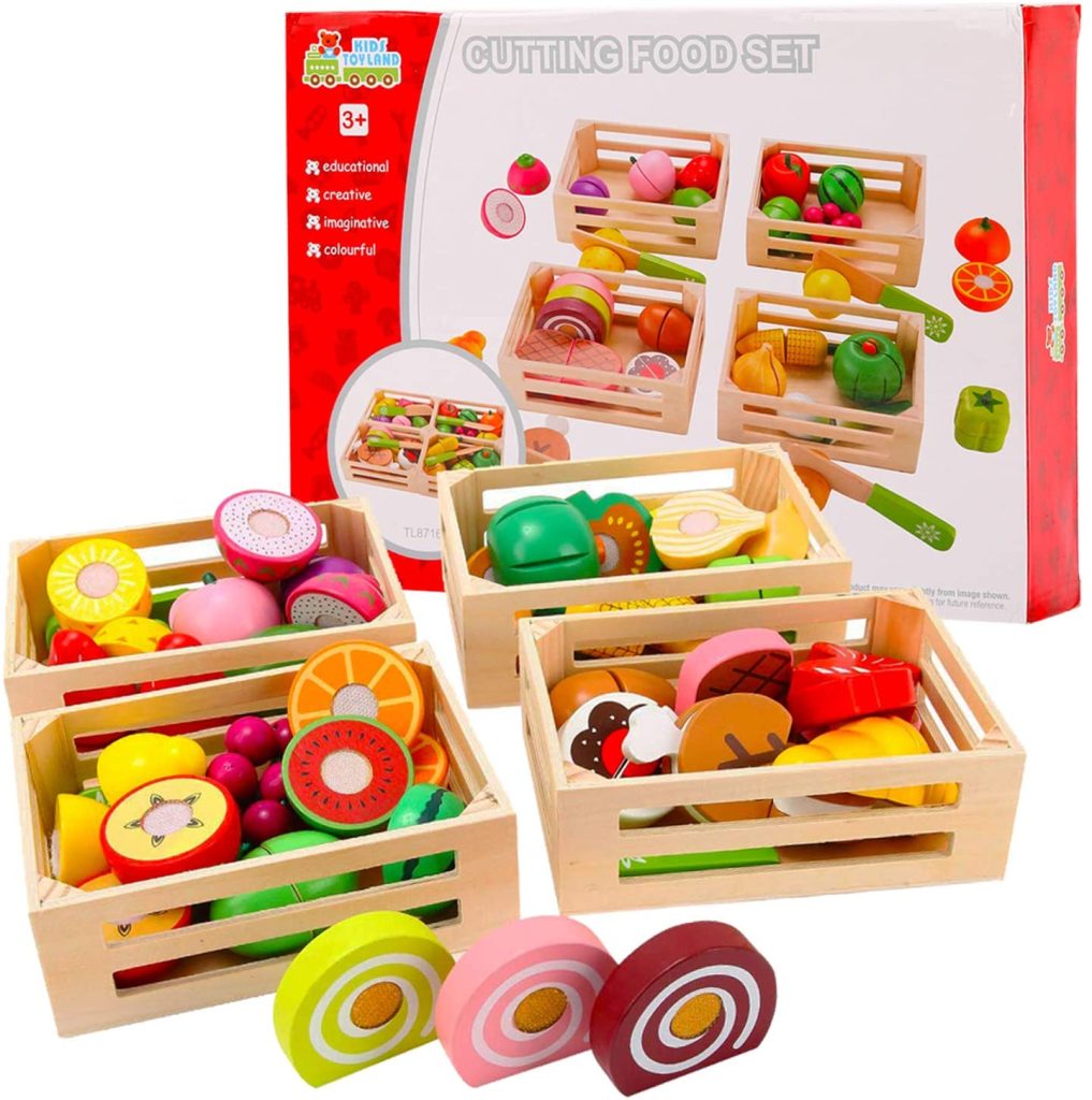 58Pcs Cutting Fruits Set Wooden Play Food, Kitchen Toys Vegetables ...