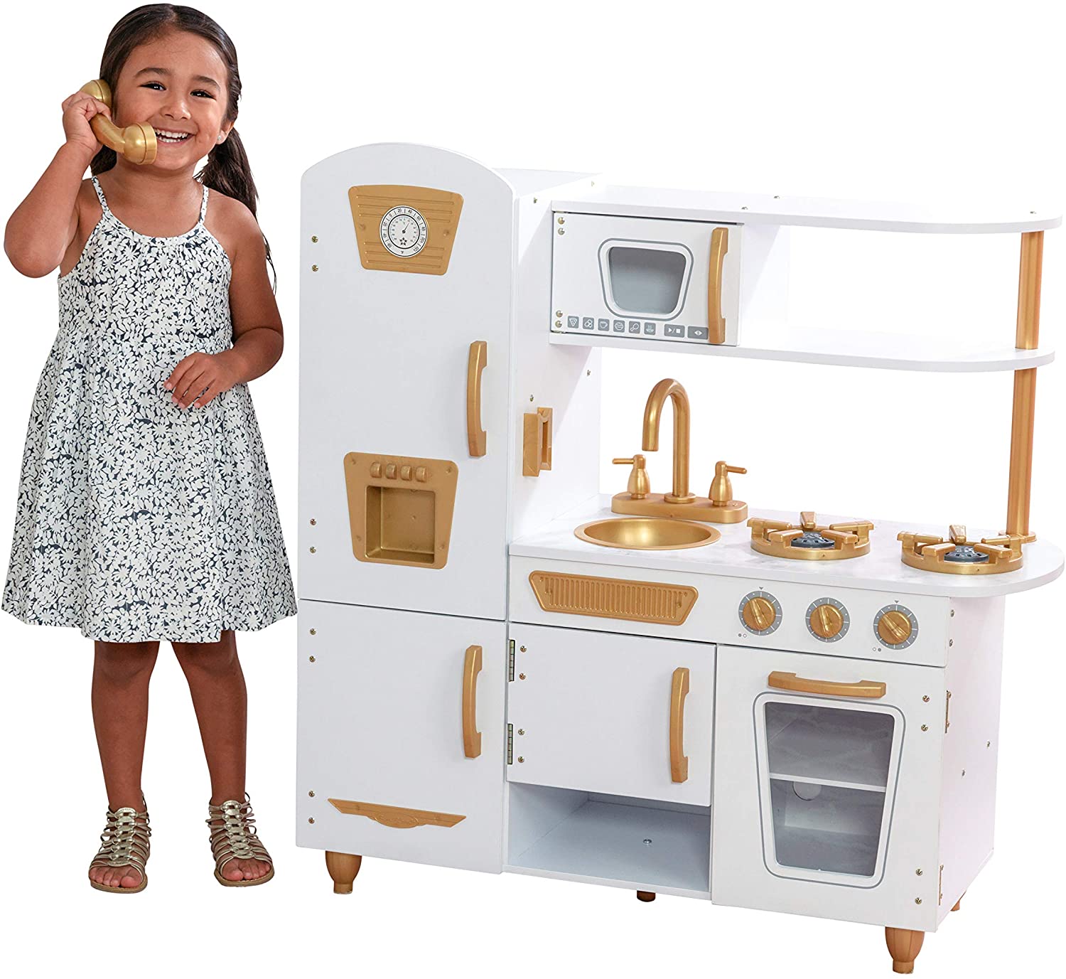 white and gold play kitchen