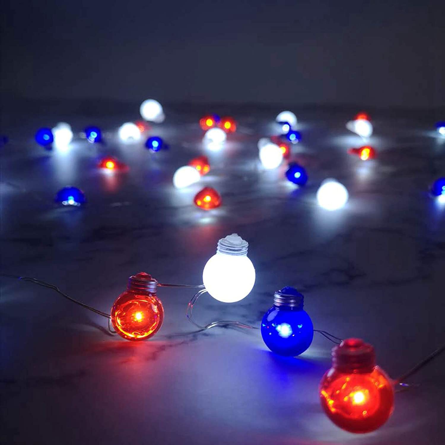 white red blue string lights