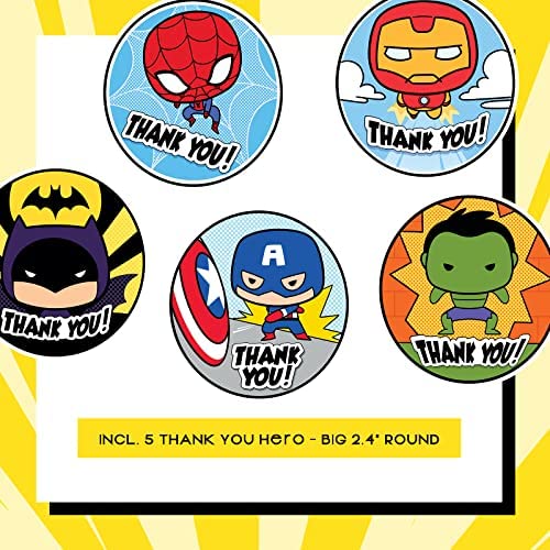 thank you superhero stickers for birthday party 110 pc super hero themed round circle personalized notes name sticker label favor gift bag supplies bulk homefurniturelife online store