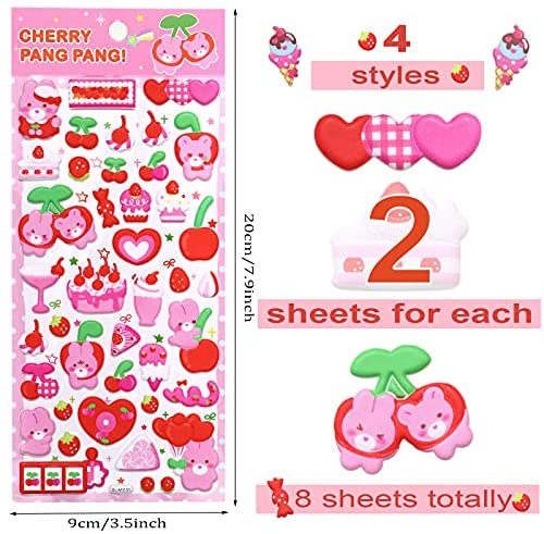 Cute Puffy Stickers Kawaii Korean Bear Stickers for Kids Girls  Scrapooking,3D Foam Bears with Strawberry Heart Moon for Little Girls  Valentines Gift