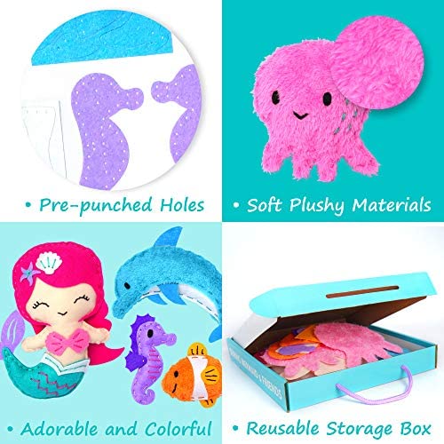 KRAFUN Mermaid Friends Beginner Sewing Kit for Kids Plush Craft Kit, Includes 5 Stuffed Sea Animal Dolls, Instructions & Felt Materials for Learn to Sew, E