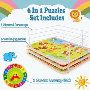 Wooden Toddler Puzzles (6-Pack) and Storage Rack, Peg Puzzles, Alphabet,  Numbers