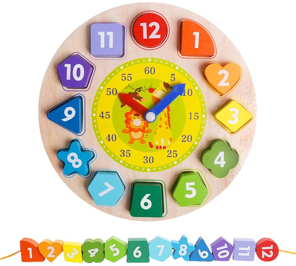 Wooden Shape Color Sorting Clock – 2024 Teaching Time Number Blocks Puzzle