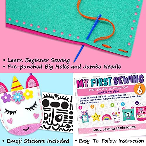 KRAFUN Beginner My First Sewing Kit for Kids Arts & crafts, 6 Easy Projects  of Stuffed Animal Dolls and Plush Pillow craft, Inst