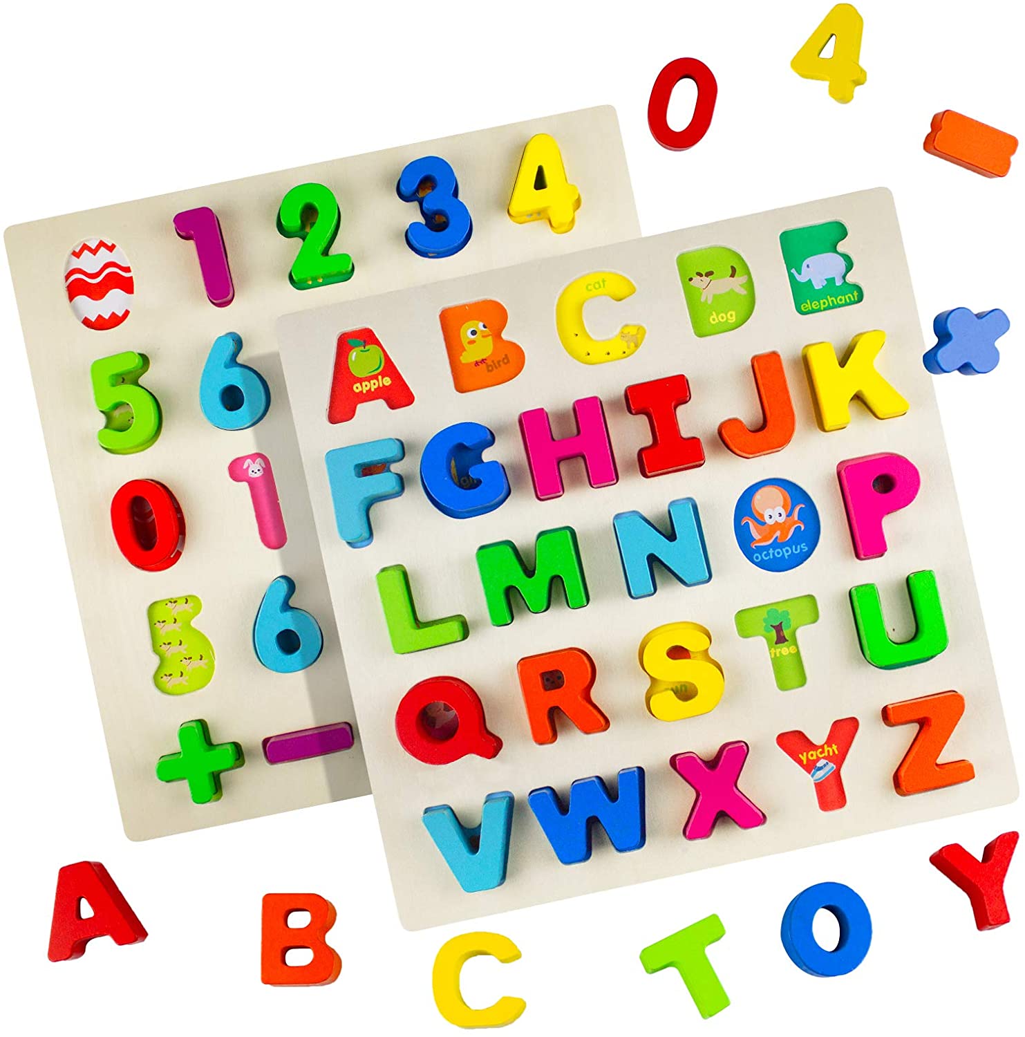 Timy Wooden Alphabet Puzzle and Number Puzzle Set for Toddlers, ABC