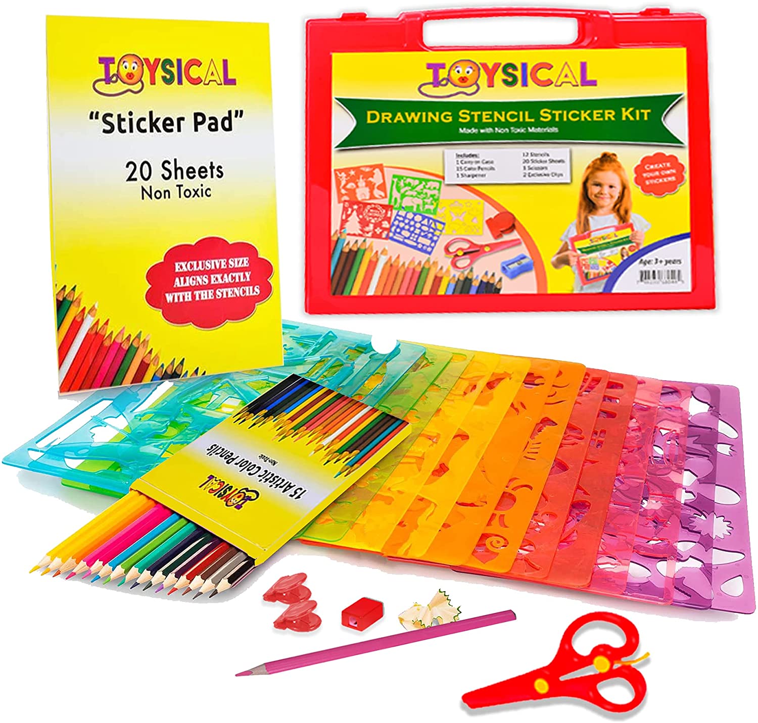 Toysical Kids Stencils Sticker Set for Girls & Boys - 52 Pc Drawing Art N  Crafts Set with Non-Slip Clips in Travel Case - Birthday & Christmas Gift