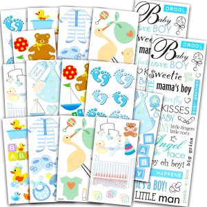 Newborn Baby Boy Stickers Set ~ Bundle with 14 Baby Boy Sticker Sheets for Gender Reveal Parties, Baby Showers, Envelopes, Scrapbooking, Party Favors