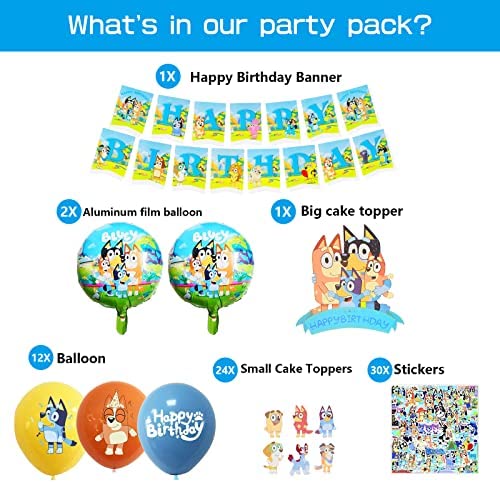 Bluey Party Supply Decoration Balloons, Banner, Cake Topper