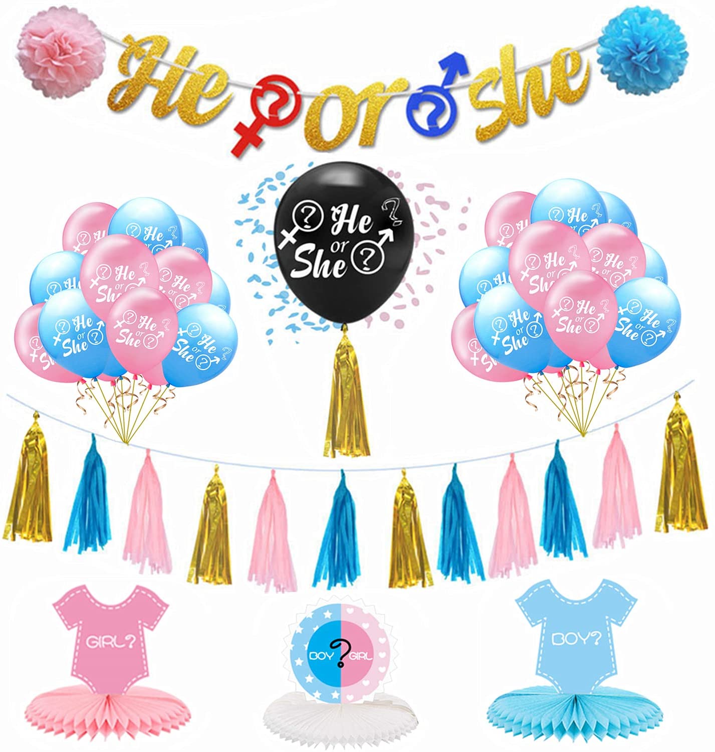 Gender Reveal Decorations Gender Reveal Party Supplies He Or She Baby Shower Banner Reveal Balloon Table Honeycomb Centerpieces For Baby Shower Pregnancy Announcements Gender Reveal Party Decorations Homefurniturelife Online Store