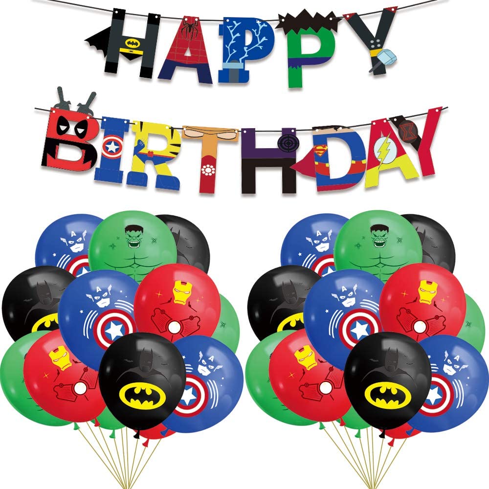 TUWUNA Superhero Party Supplies,24Pcs Superhero Balloons and 1Pcs Superhero Banner for Kids