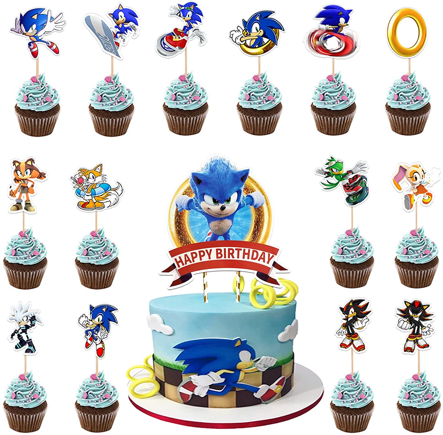 33 Pcs Sonic Cake Topper and Cupcake Toppers Set,Sonic Themed