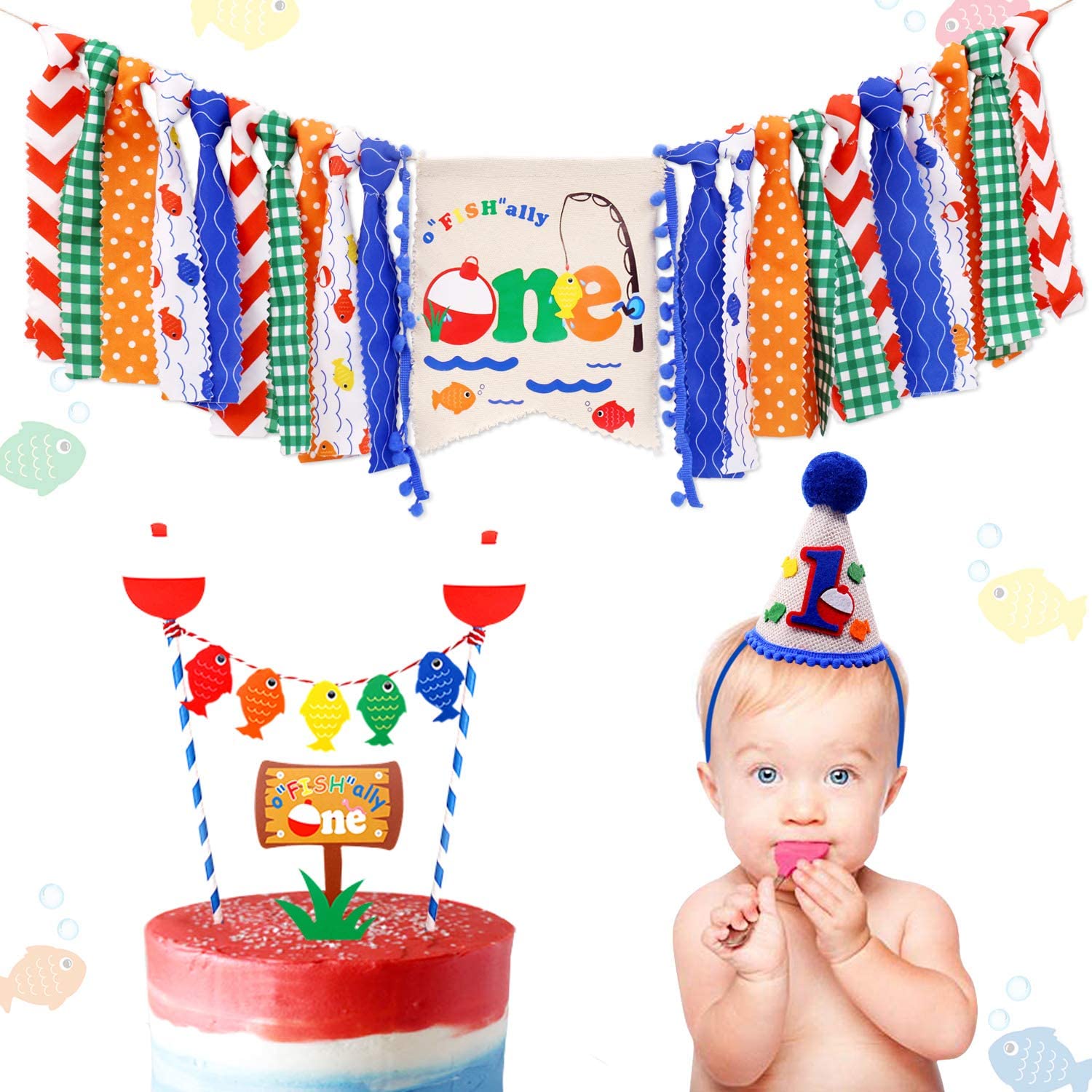 3-In-1 Gone Fishing First Birthday Party Decorations- Little Fisherman  Highchair Banner The Big One Hat O – Homefurniturelife Online Store