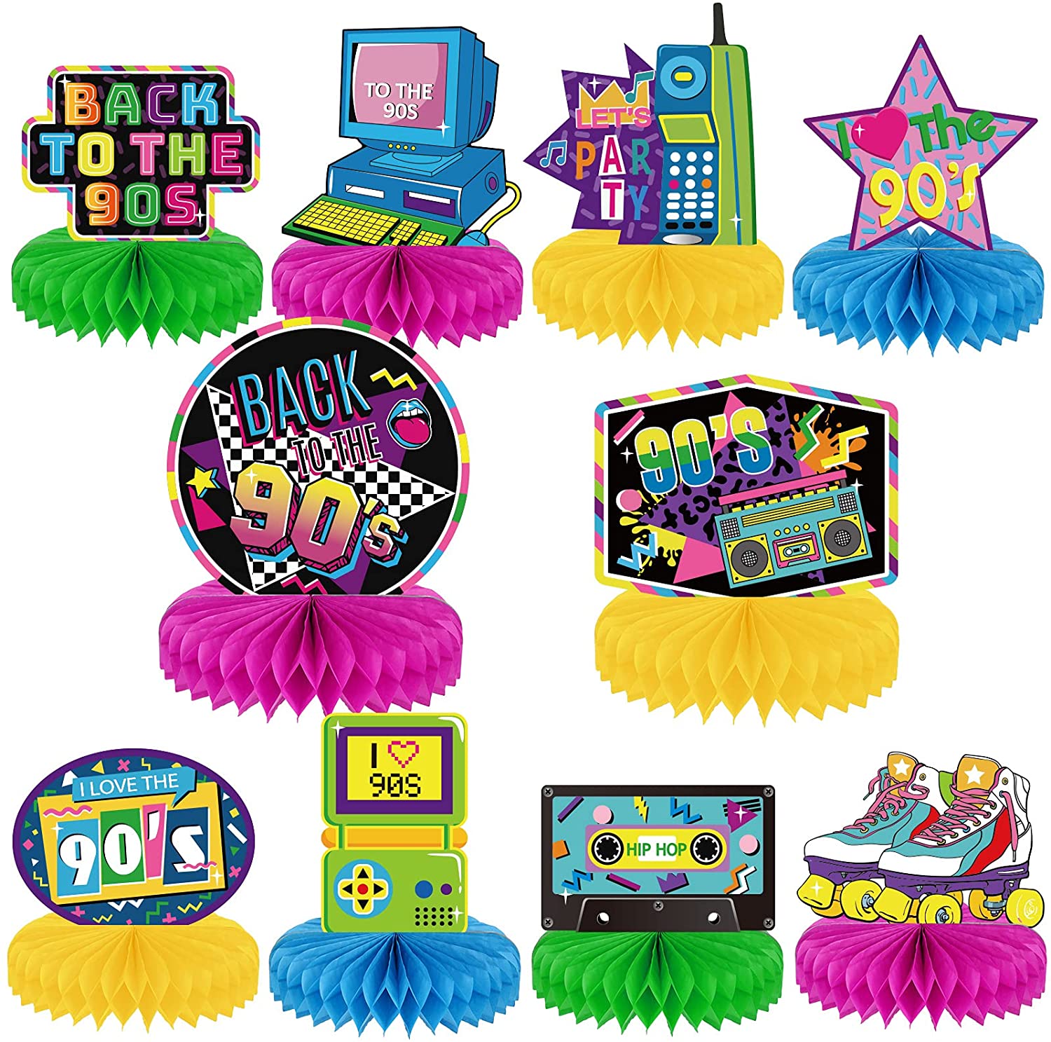 10 Pieces 90s Party Supplies 1990 Party Honeycomb Centerpieces for ...
