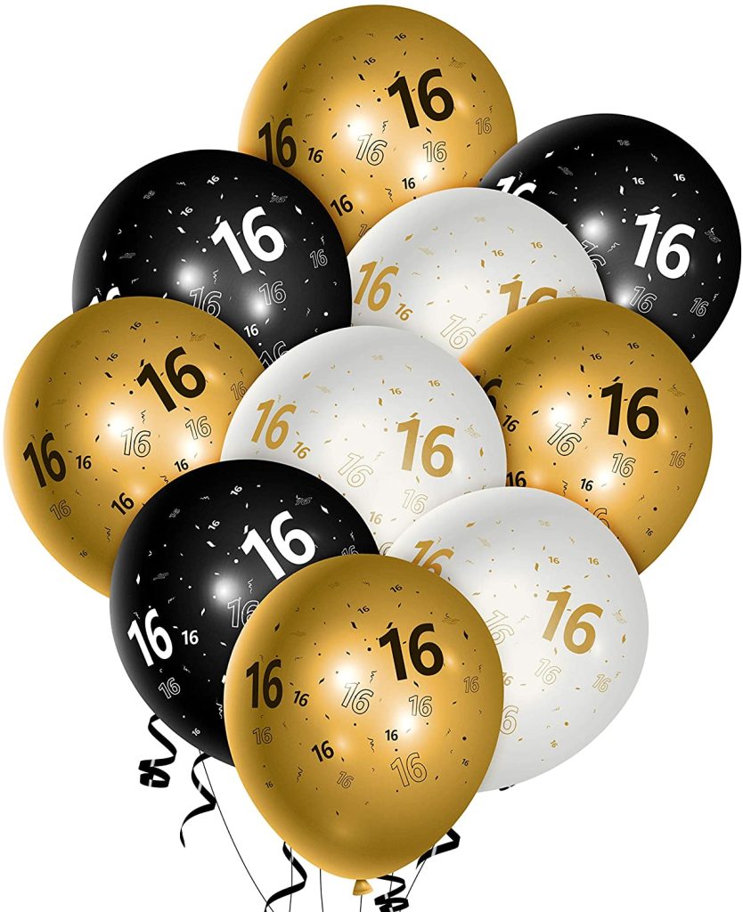 Watinc 36pcs 16th Birthday Latex Balloons 12inch Black Gold White Balloon For Official Teenager