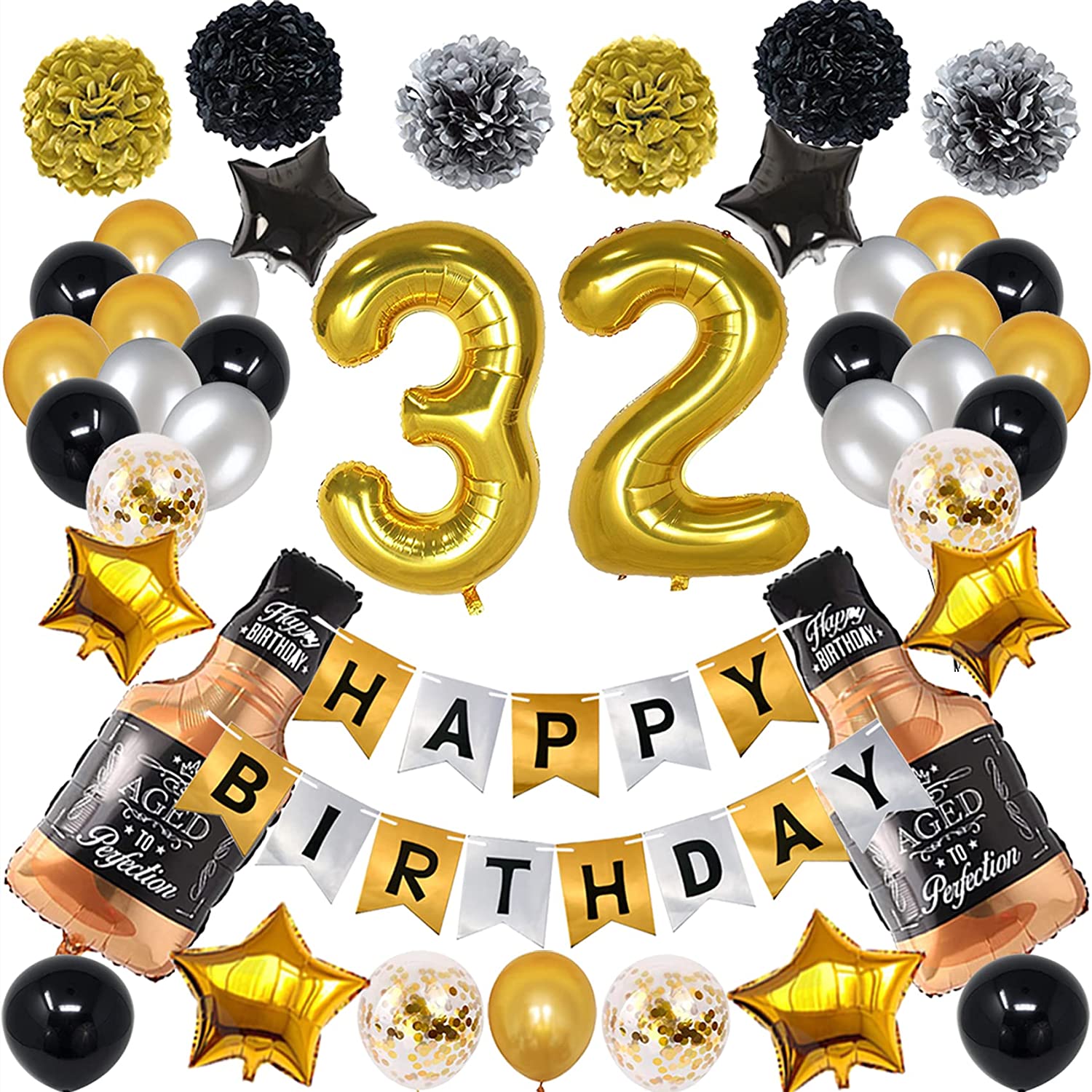 NANINUNENO 32nd Gold Birthday Decorations,Gold Black Silver Happy ...