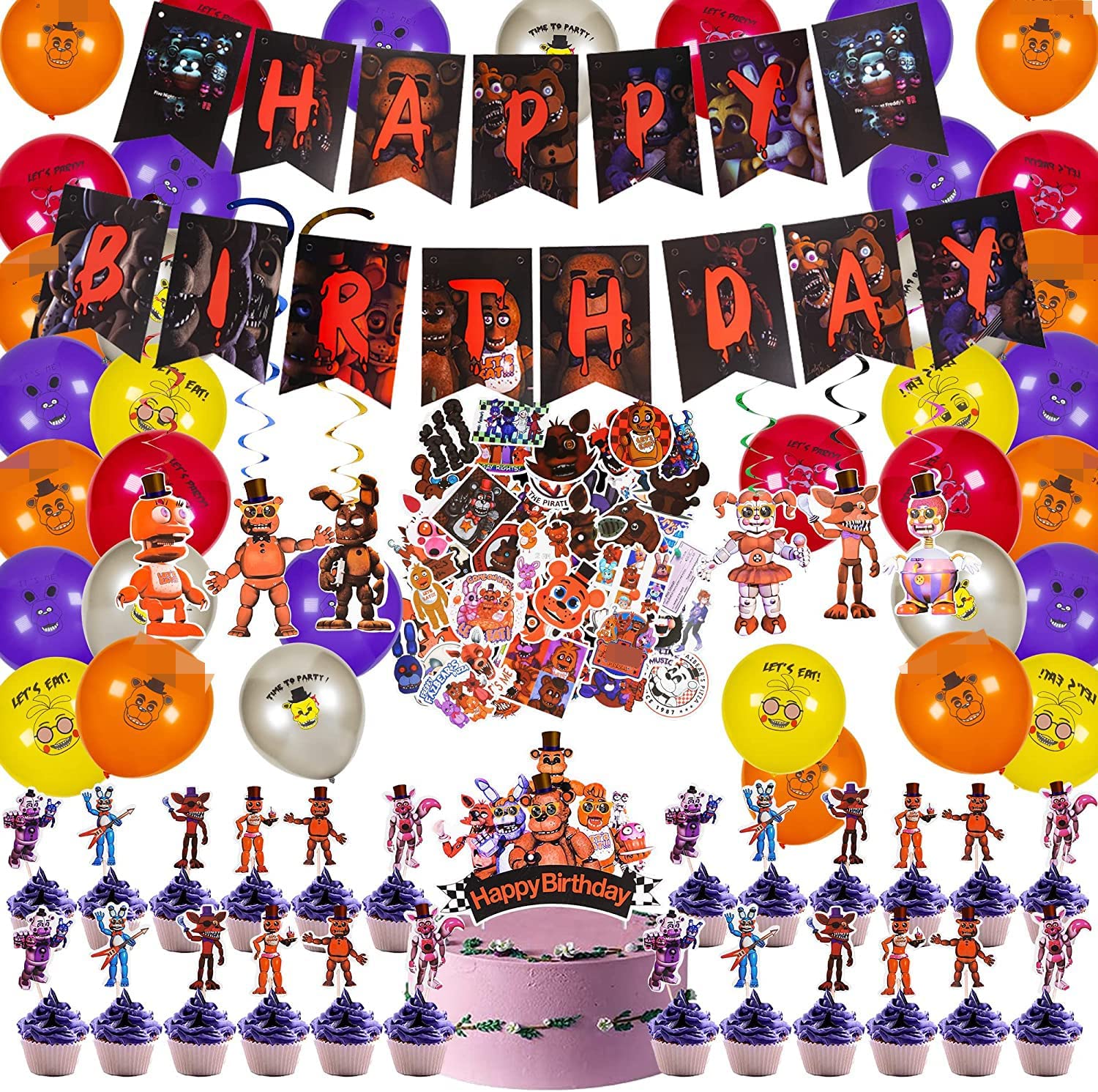  FNAF Backdrop Birthday Party Decorations Backdrop, Party  Supplies Favors for Kids with 12pcs Ballons and 50 pcs Stickers :  Electronics