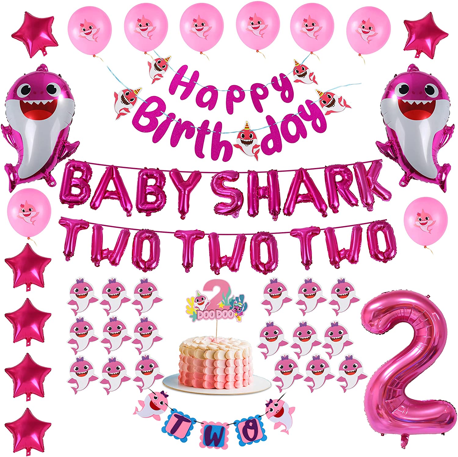 Pink Baby Shark 2nd Birthday Decorations For Girl Two Two Two And Number 2 Foil Balloons 2 Doo Doo Cake Topper Happy Birthday And Two Banner Cute Shark Latex Balloon Cupcake
