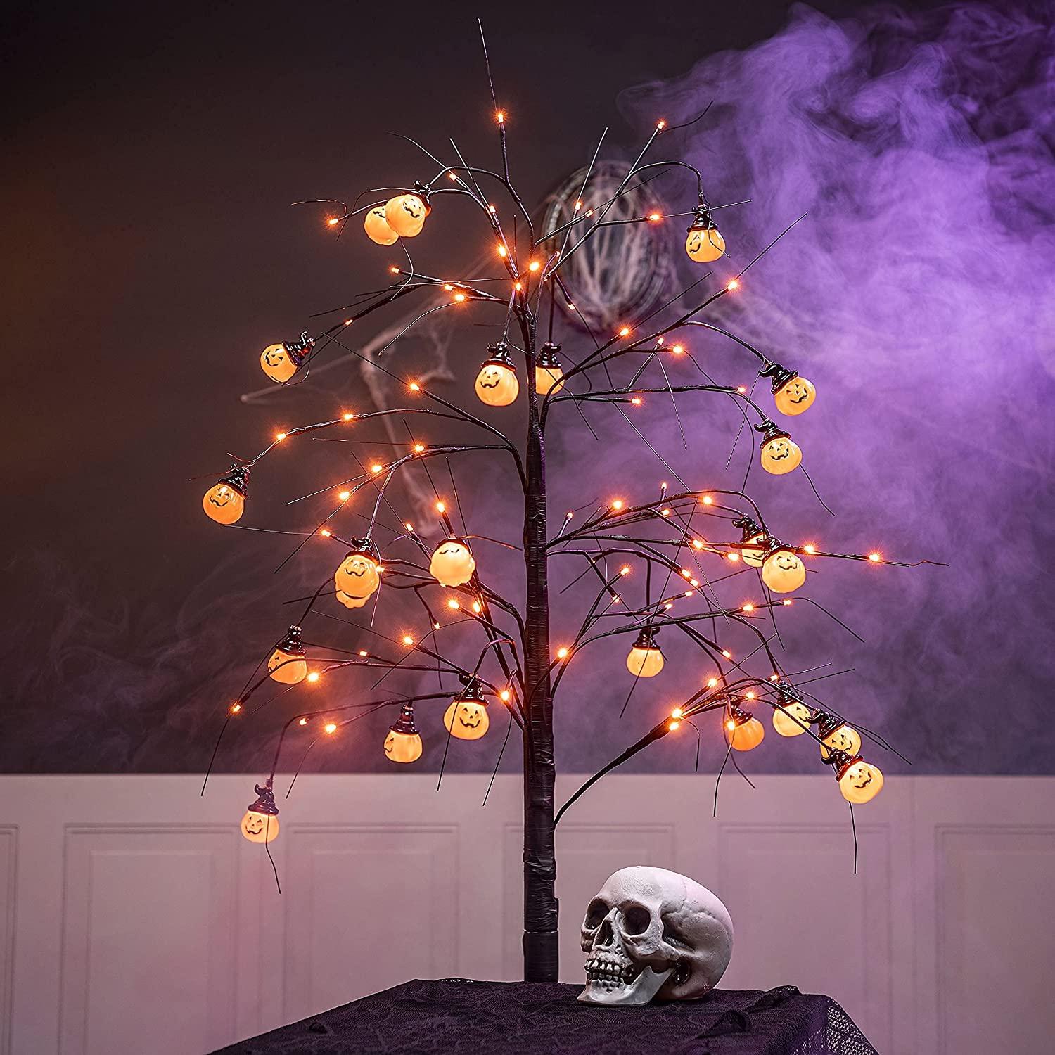 6 FT Halloween Lighted Tree Decor With Timer 24 Spiders & 96 Purple LED