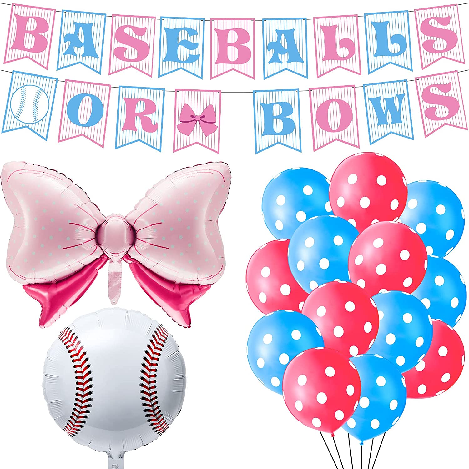 39 Pieces Baseball or Bow Gender Reveal Party Decoration Pink Bow Baseball  Balloon Blue Red Latex Gender Reveal Balloon Baseball or Bow Gender Reveal  Banner for Boy or Girl Baby Shower Decoration –